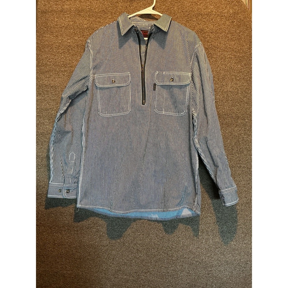 Five Brother Hickory Stripe Flex Logger Shirt 1/2 Zip Pinstripe Cotton Denim L